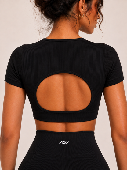 Pulse Open-Back Ribbed Tee - Black